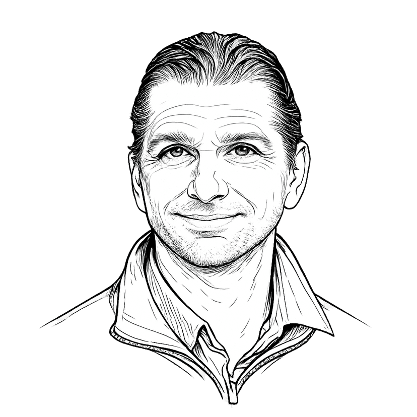 Illustrated line drawing portrait of Allan Von Schenkel